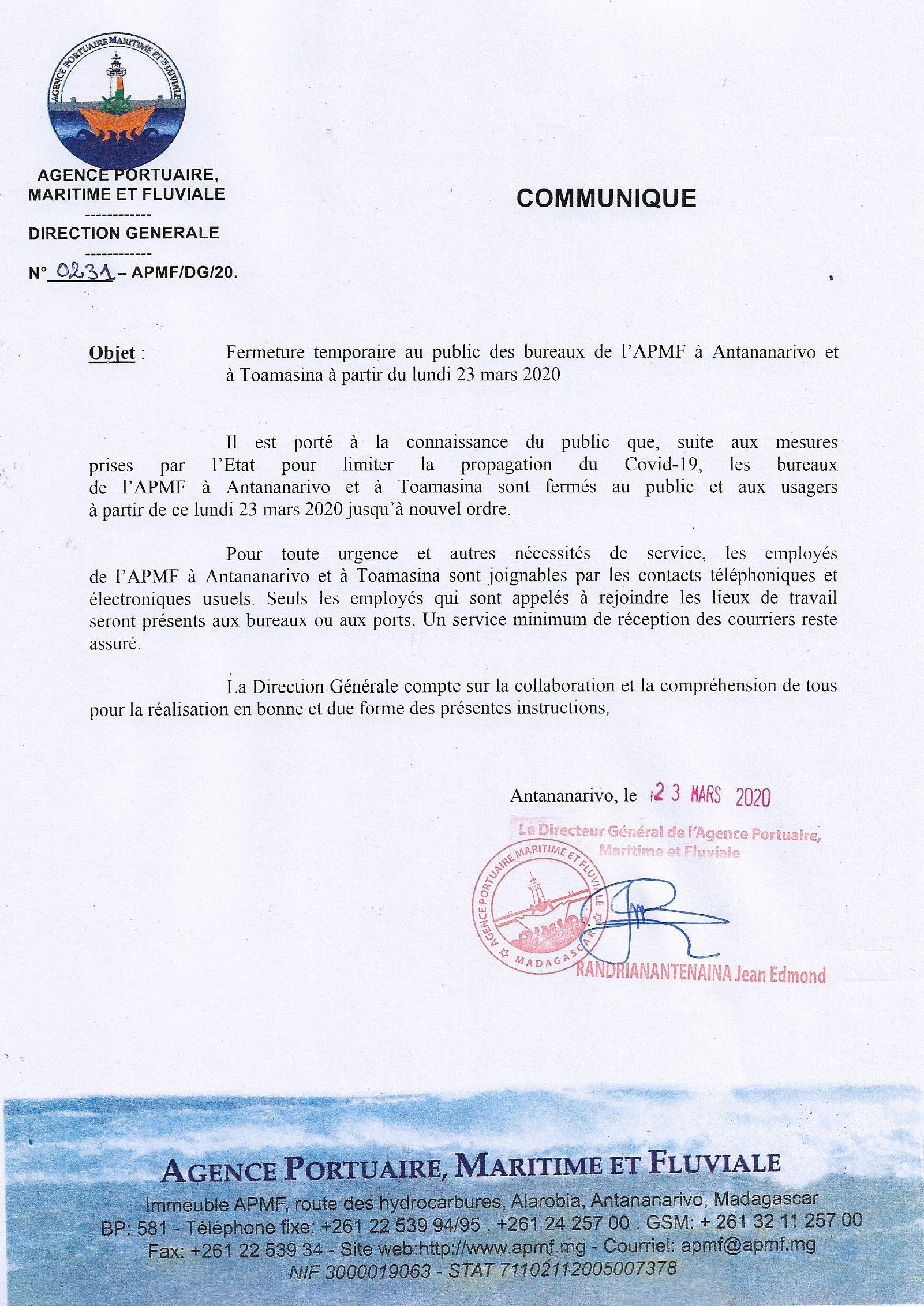 Fermeture temporaire des bureaux de l'APMF à Antananarivo et à Toamasina à partir de lundi 23 mars 2020